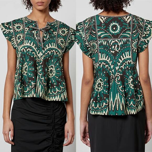 NEW Sea New York Charlough Cotton Split Neck Flutter Sleeves Top in Green/Black - Picture 7 of 7